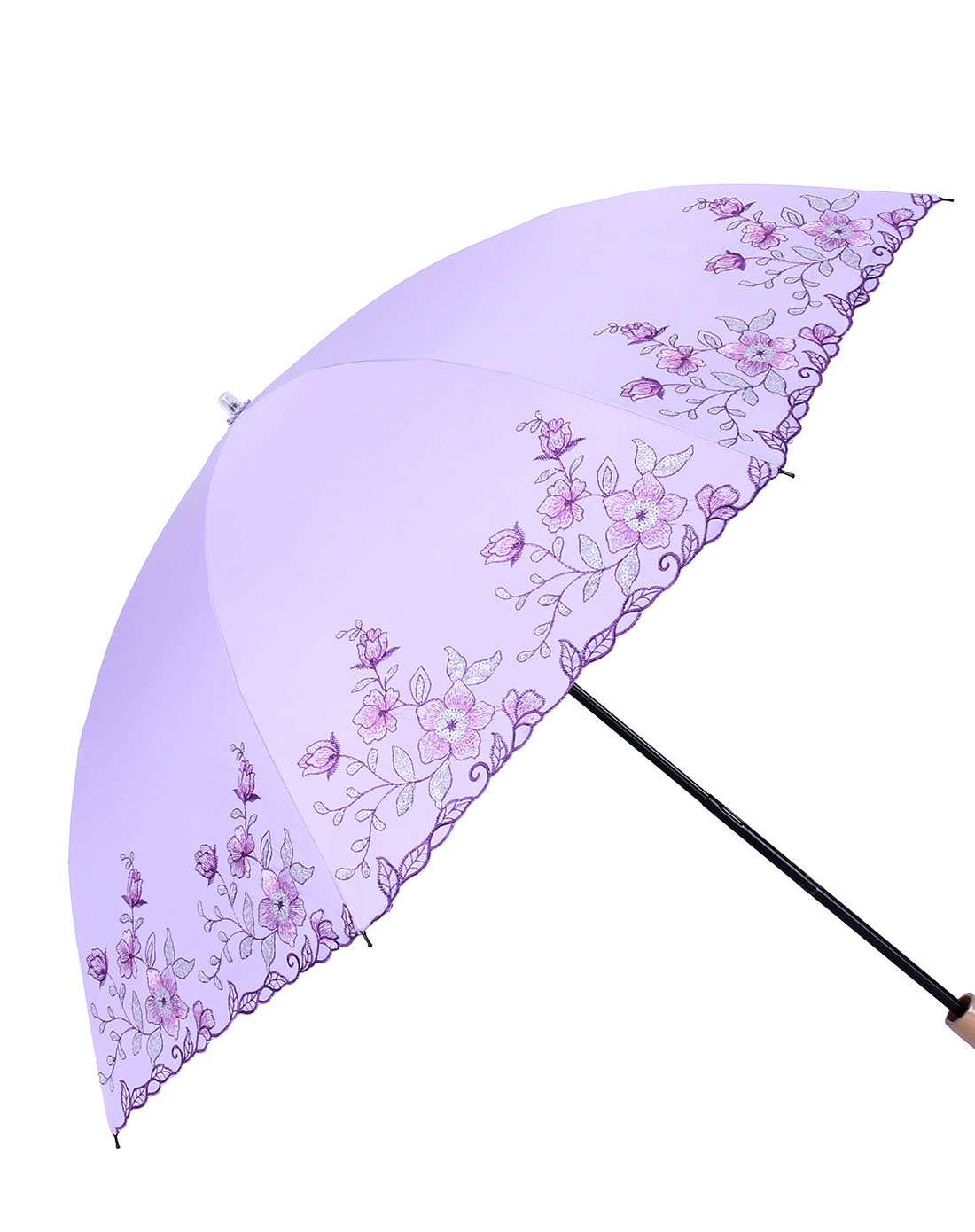 黑胶50 防紫外线二折花案刺绣遮阳伞米色