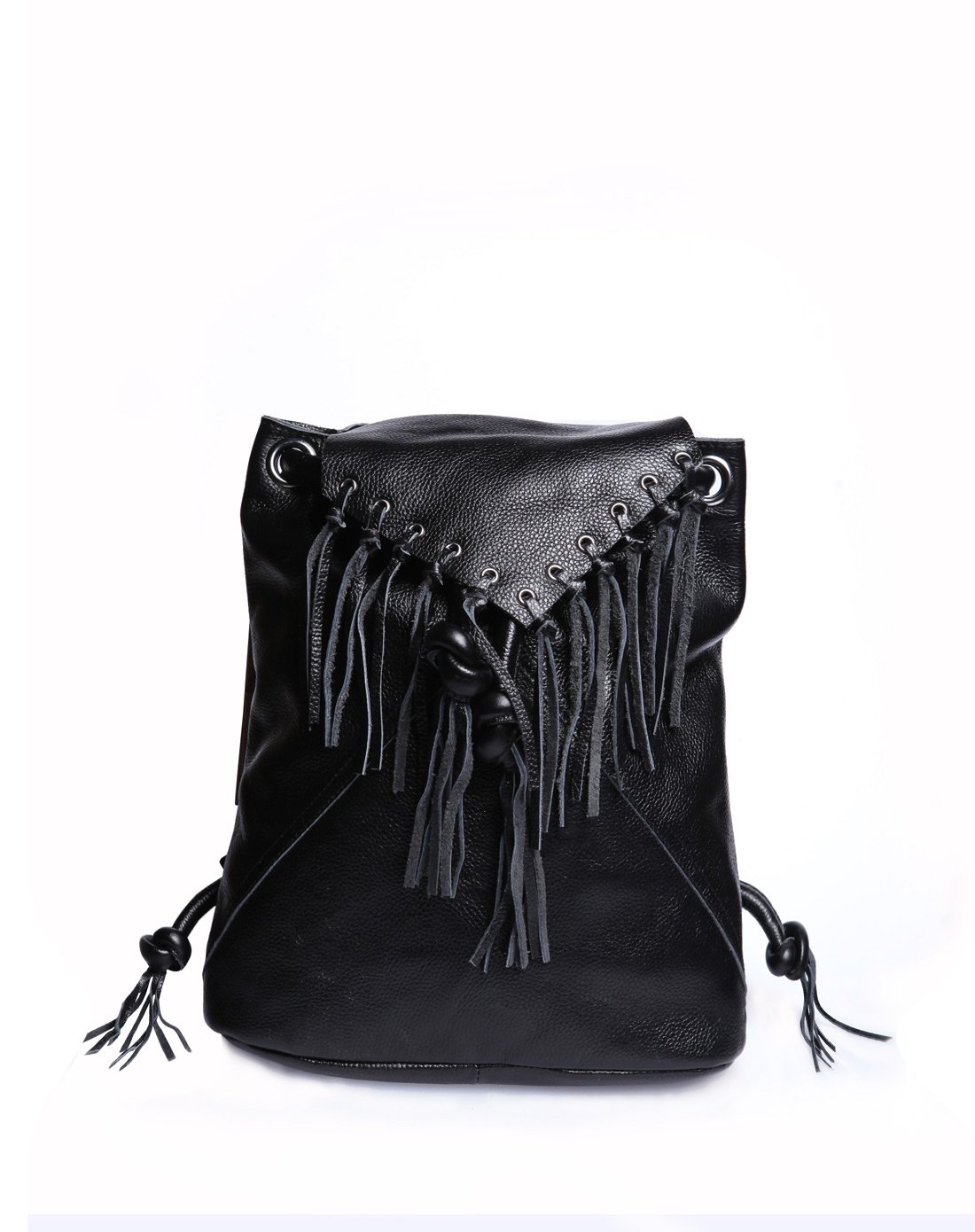 吐火罗个性流苏牛皮双肩包深棕色