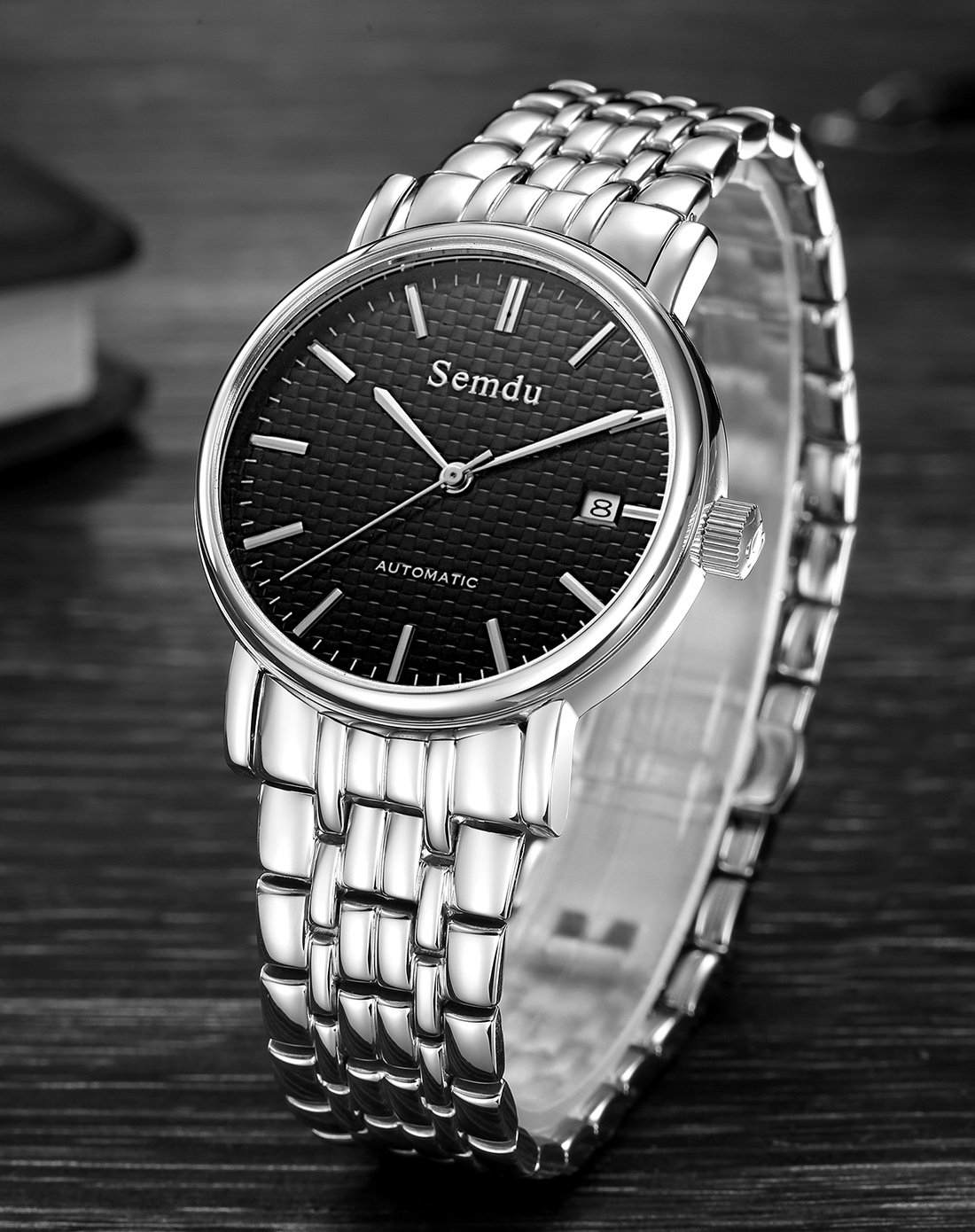 绅度【逐梦系列】时尚复古钢带全自动机械男表白壳黑面