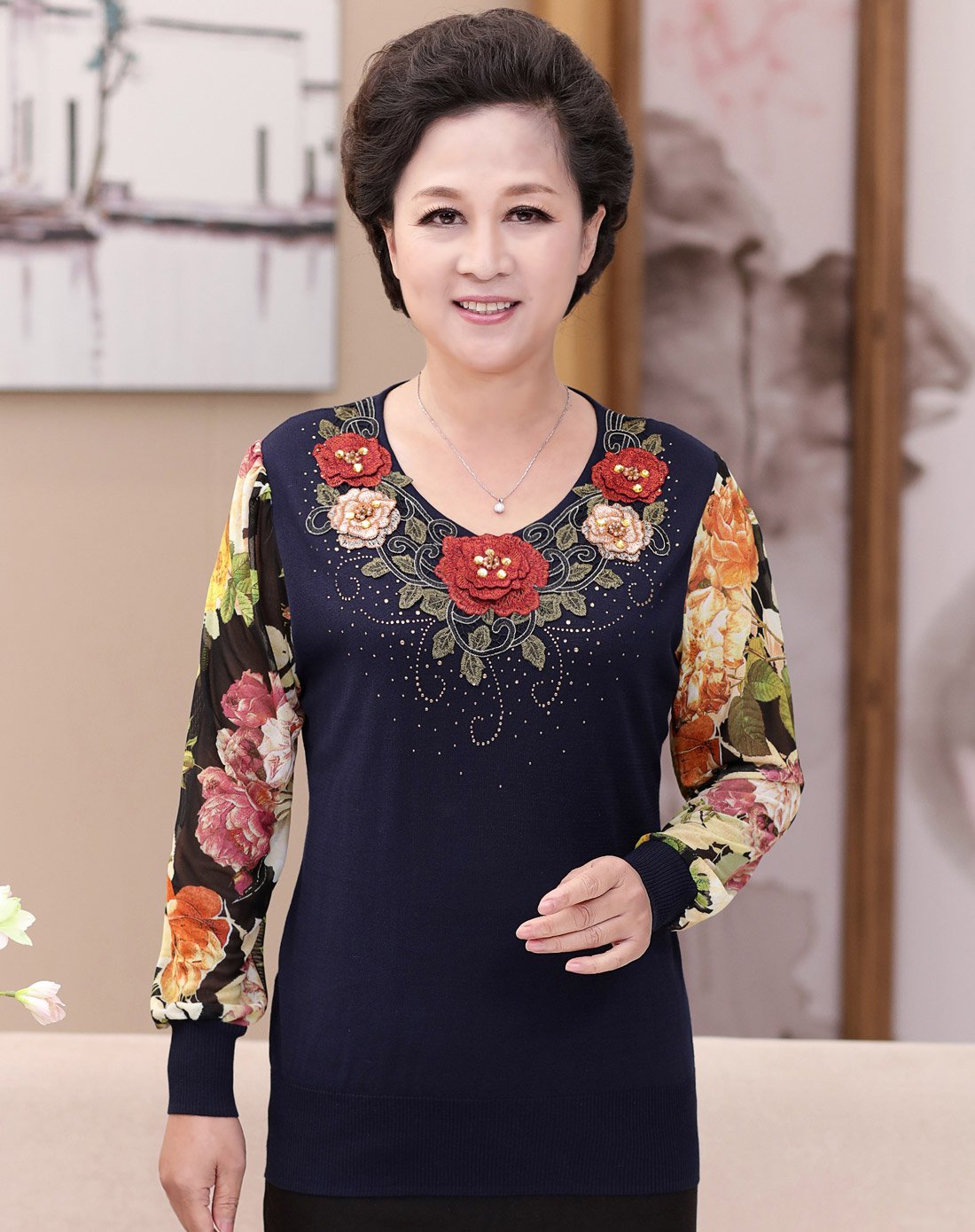 贵恋中老年女装妈妈装手工钉花长袖纱袖针织衫