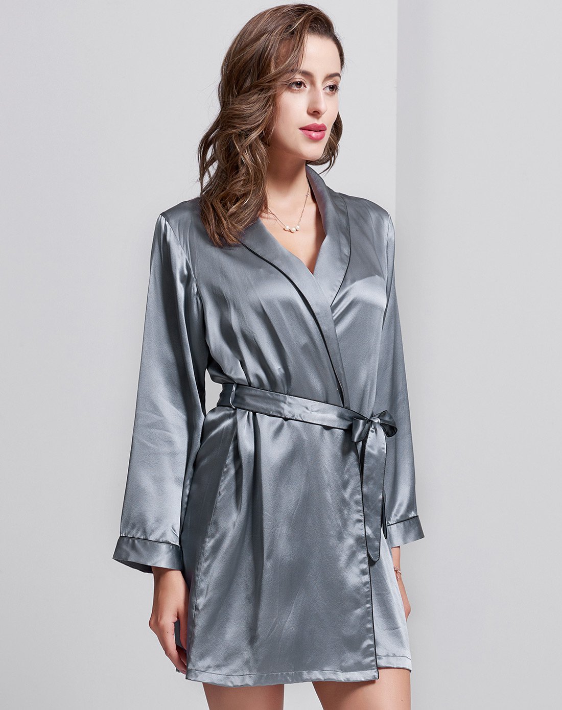 欧风简约青果领真丝睡袍深灰