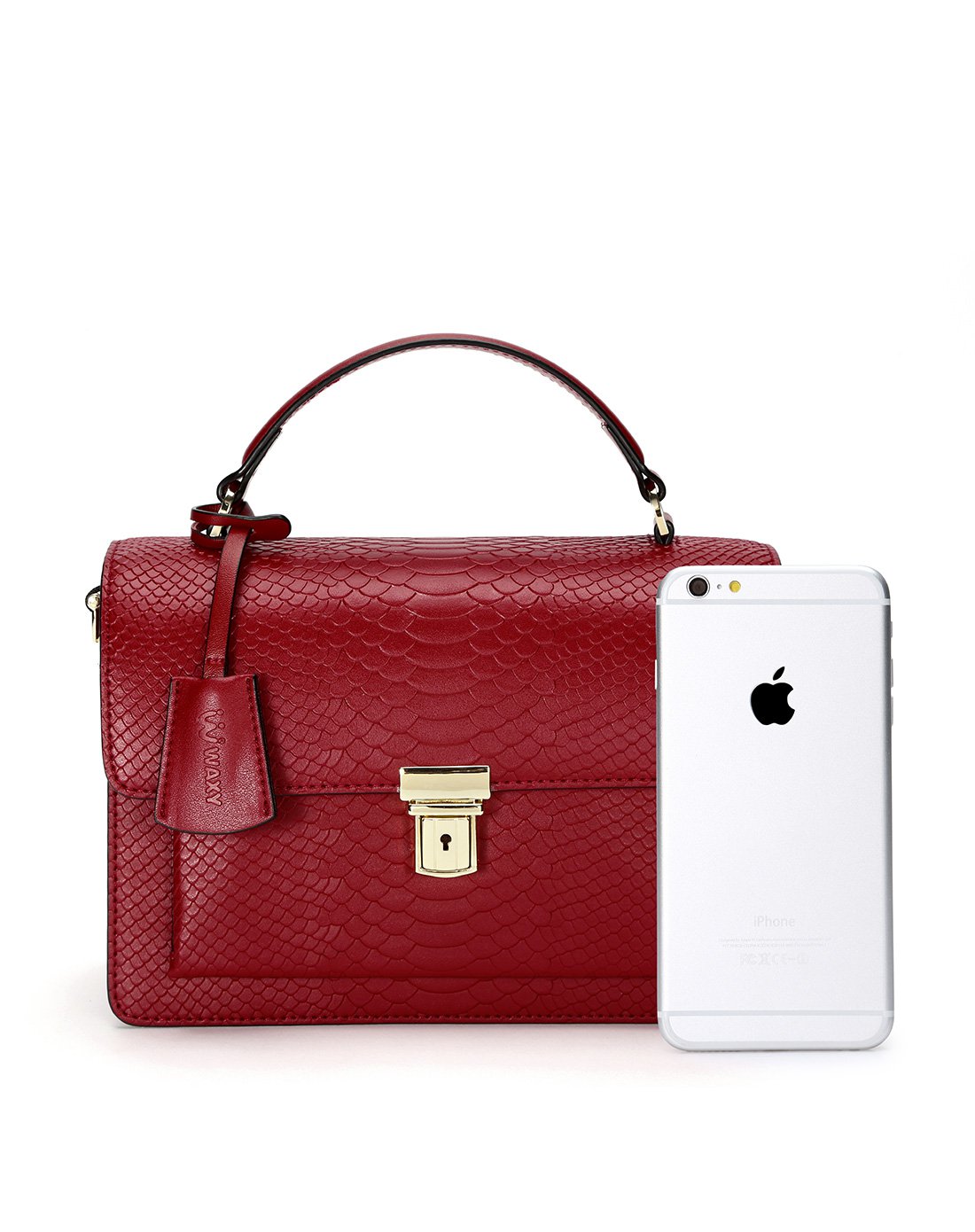 欧时力集团旗下waxy牛皮经典蛇纹单肩手提包酒红xh10