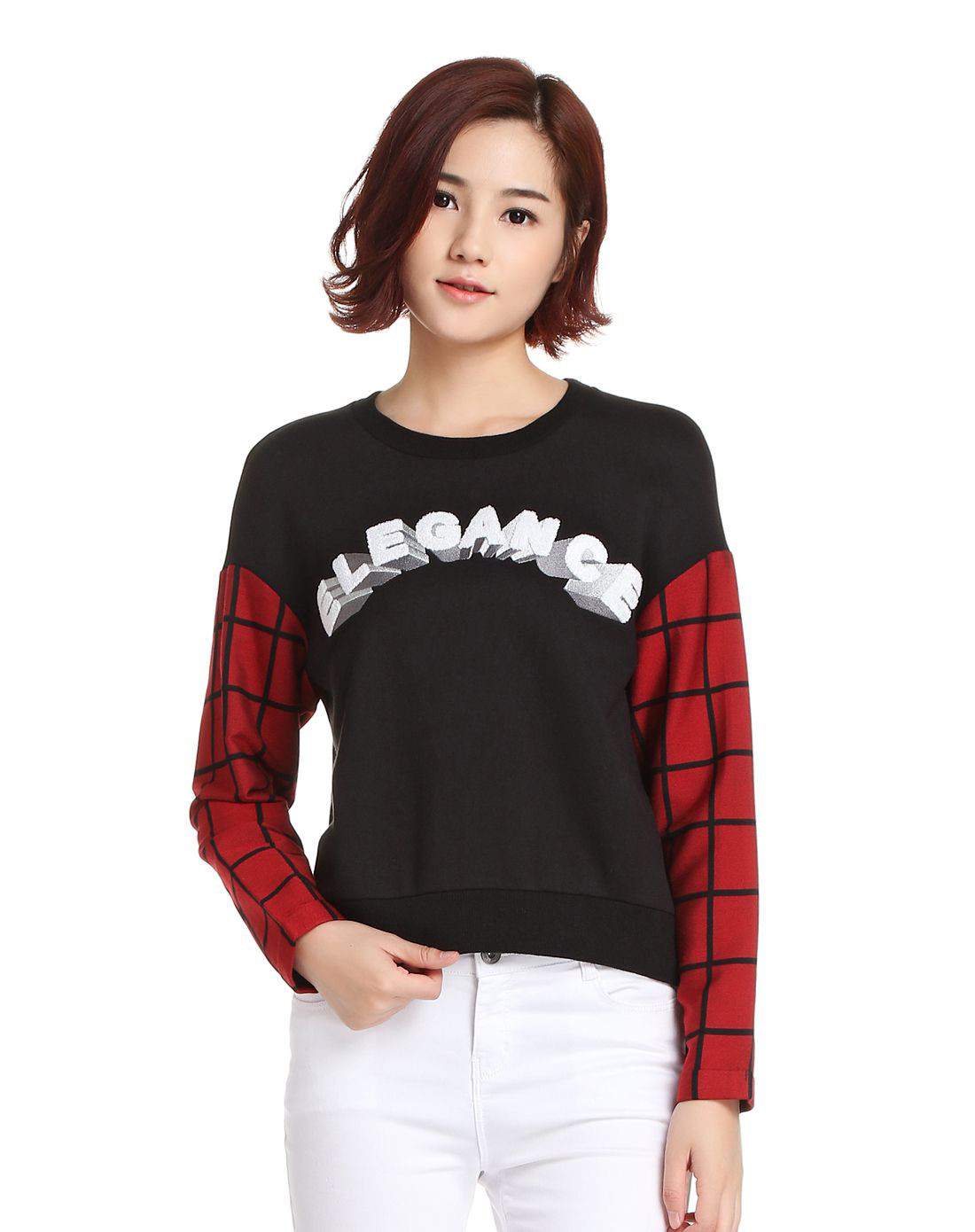 美特斯邦威女时尚字母拉毛绣套头衫