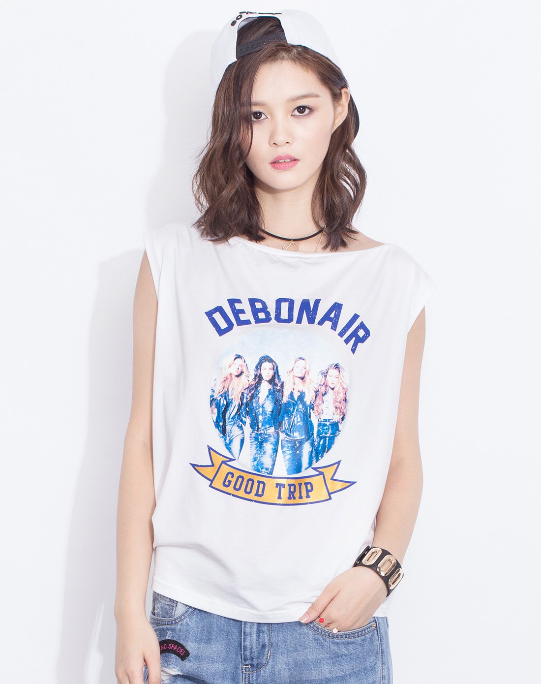 女款圆领字母印花无袖t恤