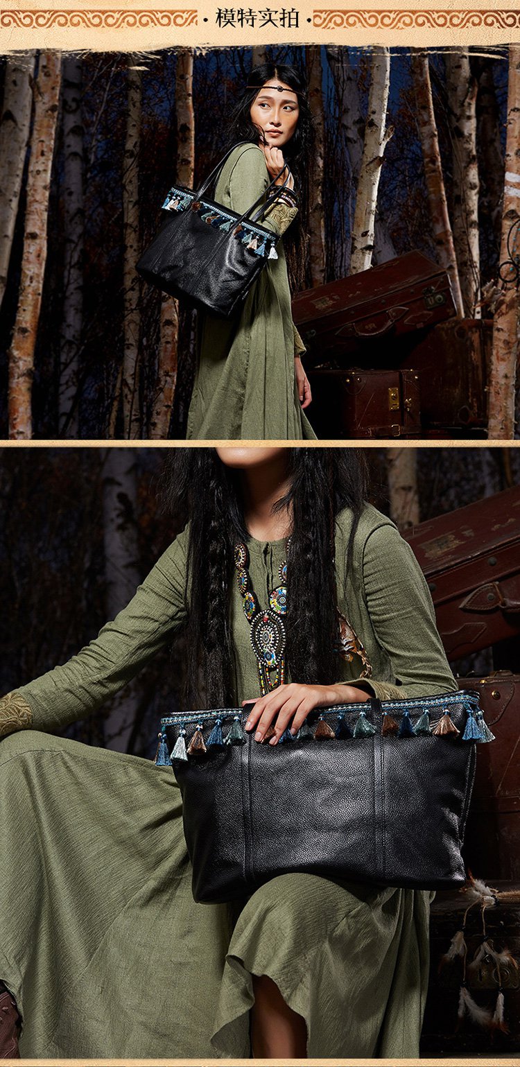 吐火罗纯手工民族风流苏单肩包黑色