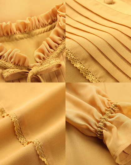 artka阿卡花边领荷叶袖塔克褶飘逸衬衫连衣裙