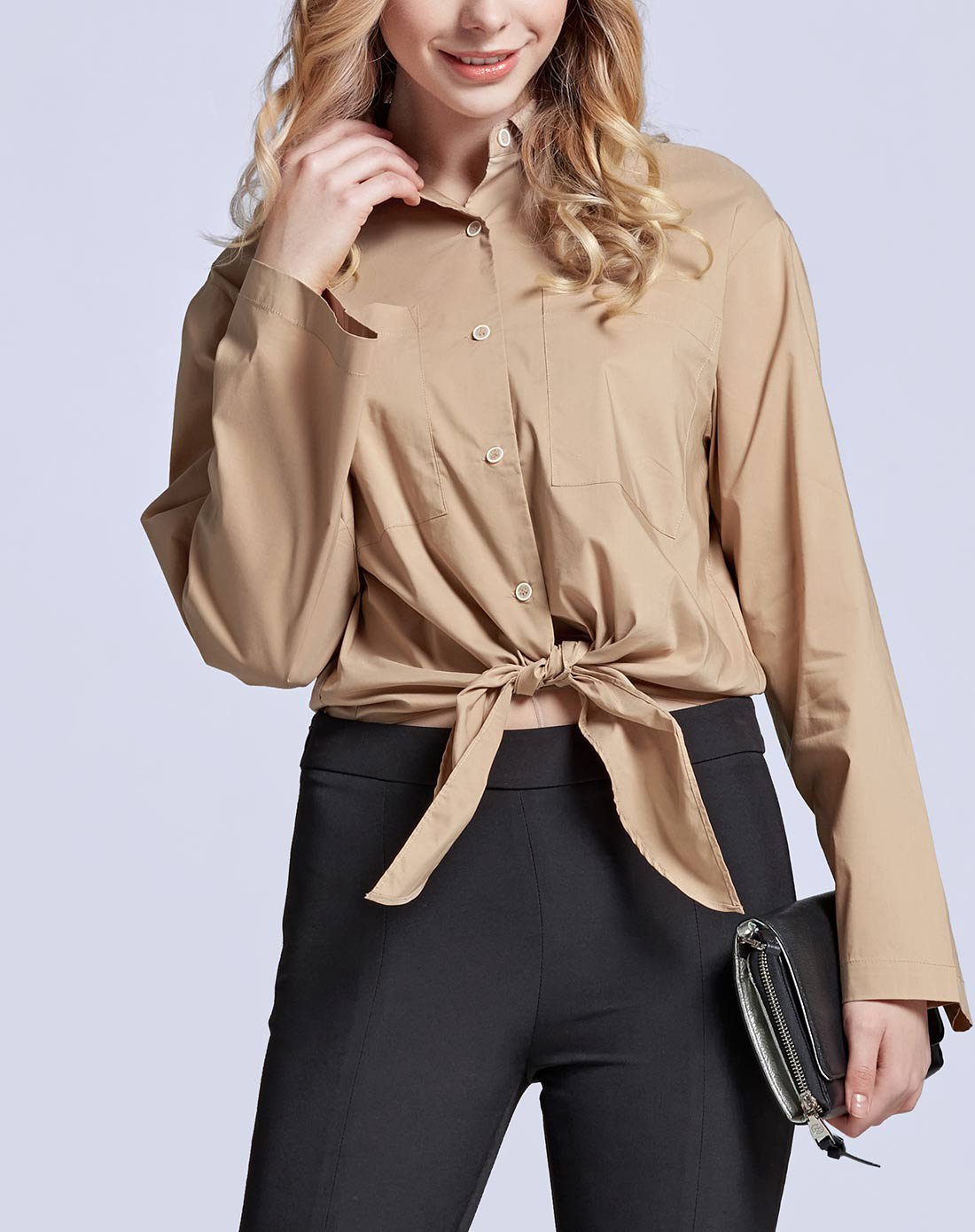 翻领个性宽袖大贴袋衬衣浅驼/黑色