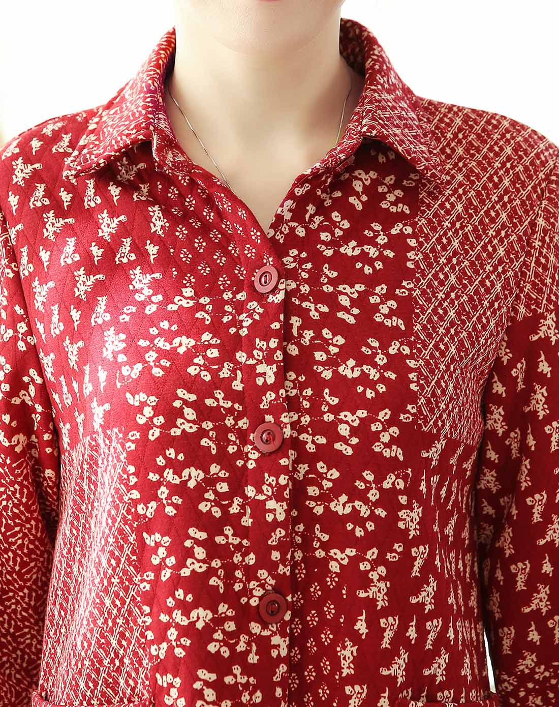 女款红色中长款碎花拼接翻领衬衫