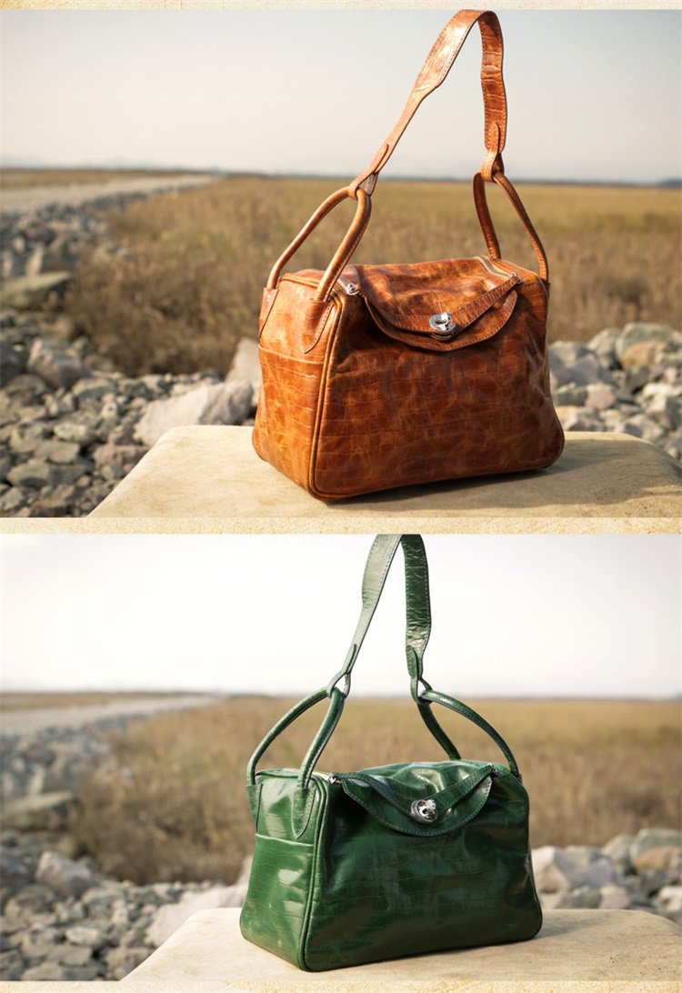 吐火罗简约牛皮手提包绿色