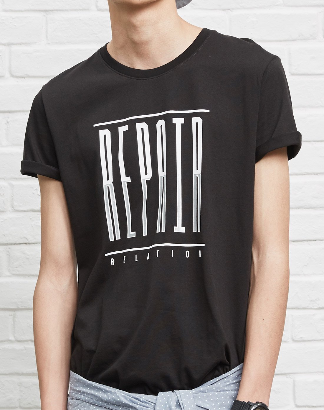 男装烫银印花短袖t恤影黑