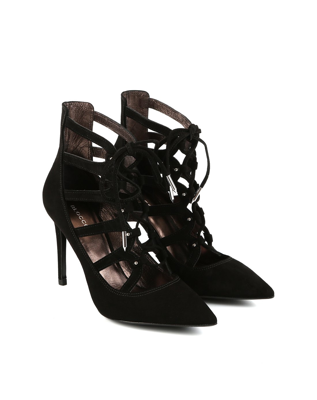 羊皮革绑带高跟单鞋黑色