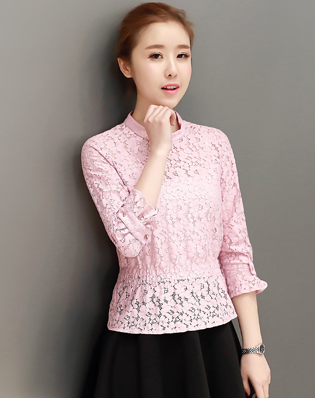 时尚通勤简约纯色小立领蕾丝衫白色