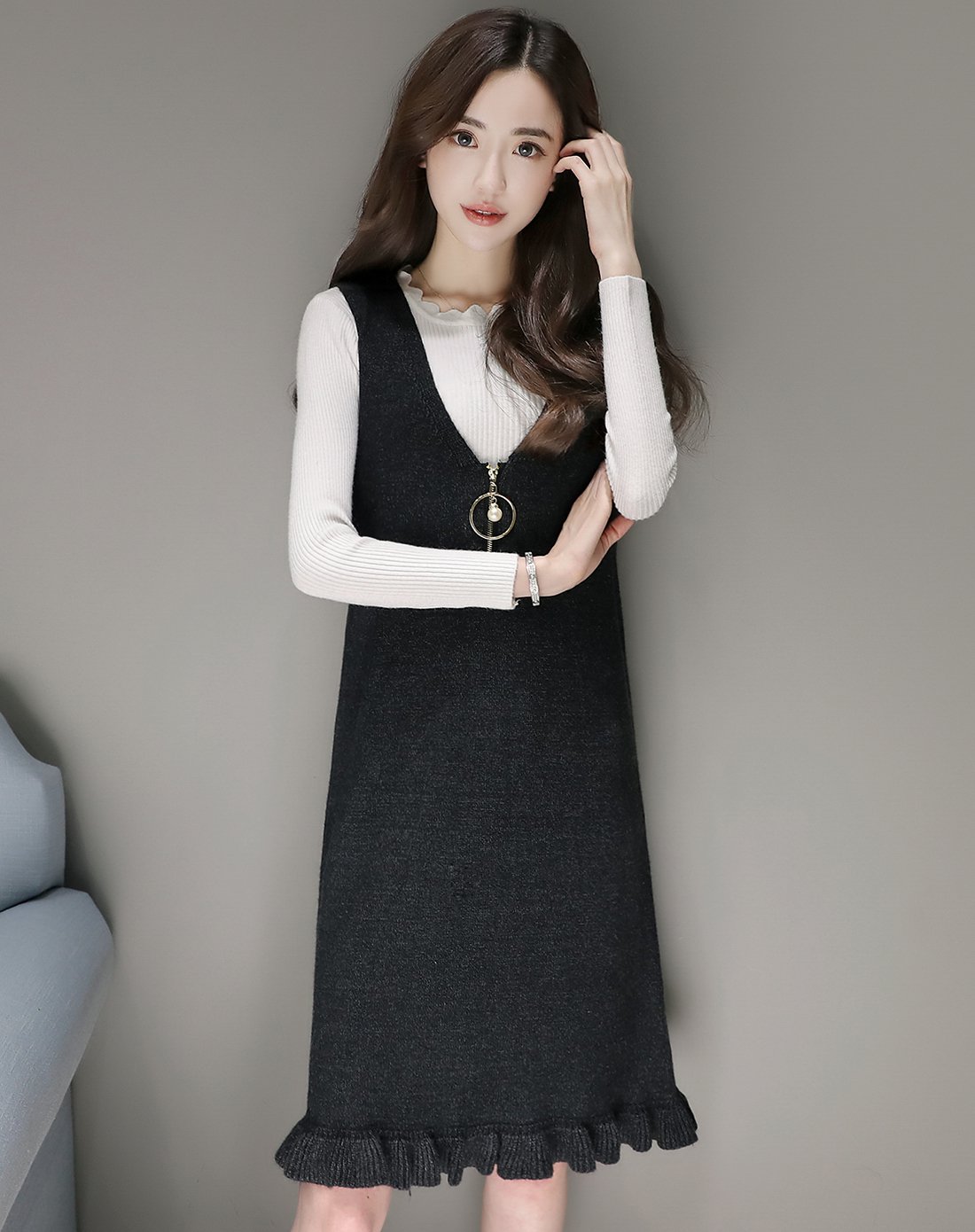 春季低领针织两件套连衣裙棕色