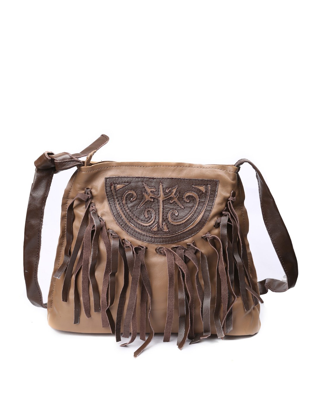 吐火罗民族风图腾拼接流苏单肩包棕色