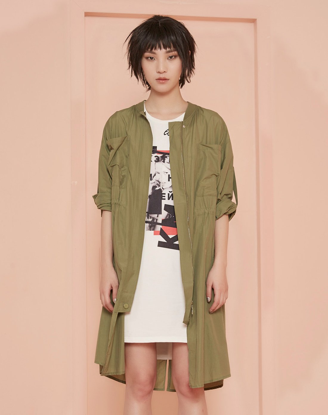 简约中长款休闲薄外套榆树绿