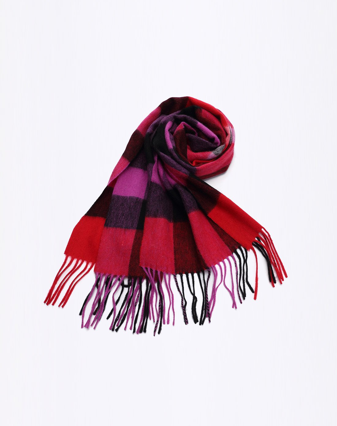 丝光羊毛格子长围巾玫红格