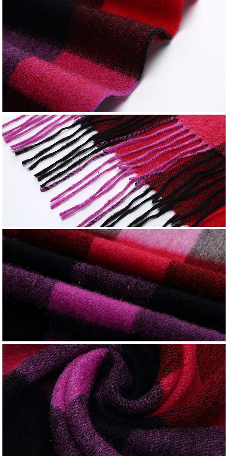 丝光羊毛格子长围巾玫红格