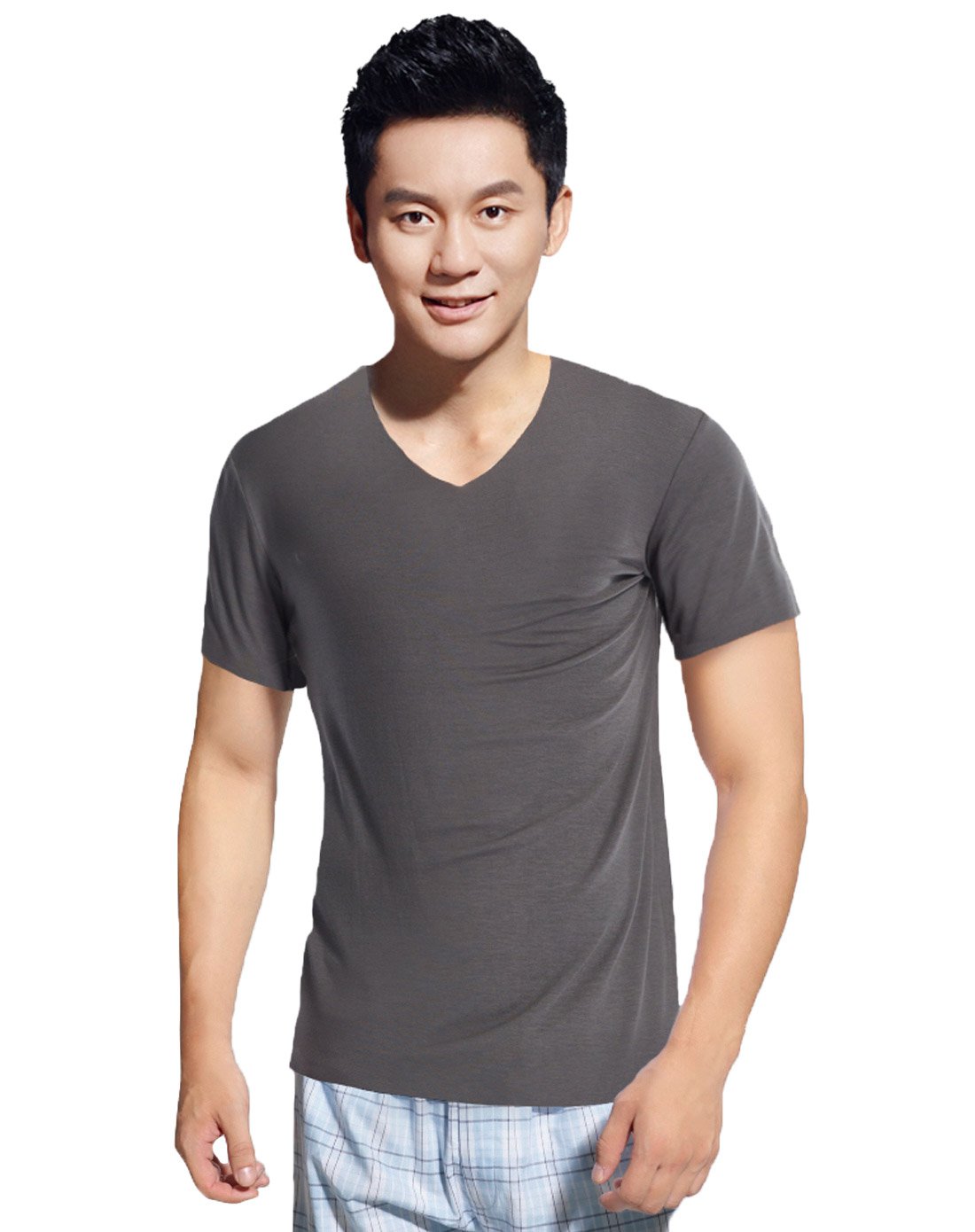 男莫代尔密棉无痕v领短袖男衫军绿