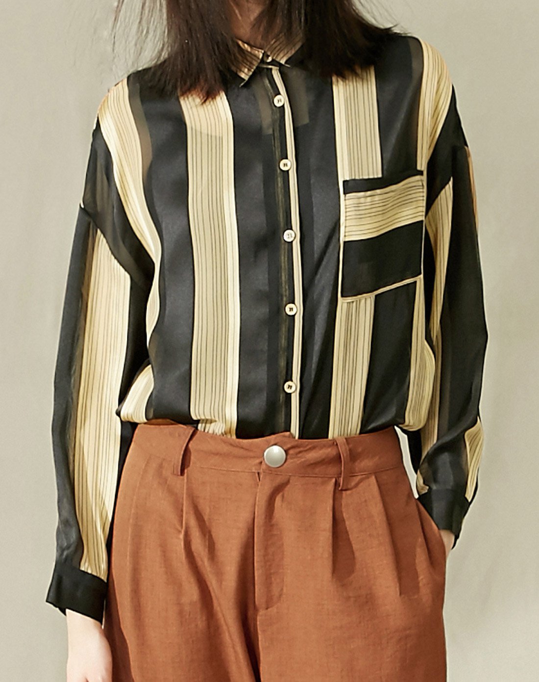 【春新款】简约条纹翻领落肩衬衫