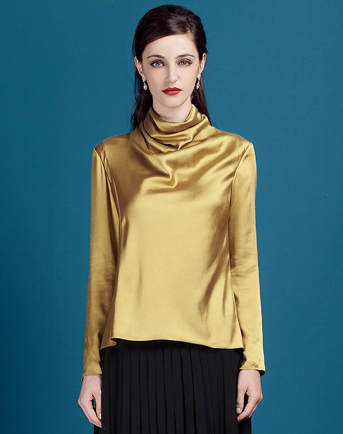 voa维欧艾丝绸打底堆堆领淑女简约通勤桑蚕丝长袖上衣金黄色真丝t恤