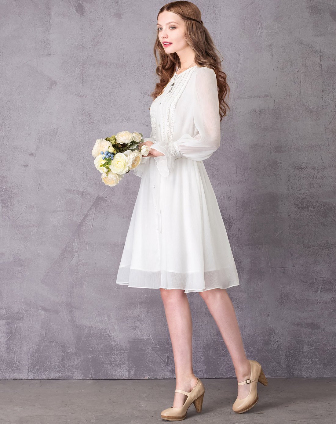 artka阿卡复古优雅塔克线泡泡袖连衣裙