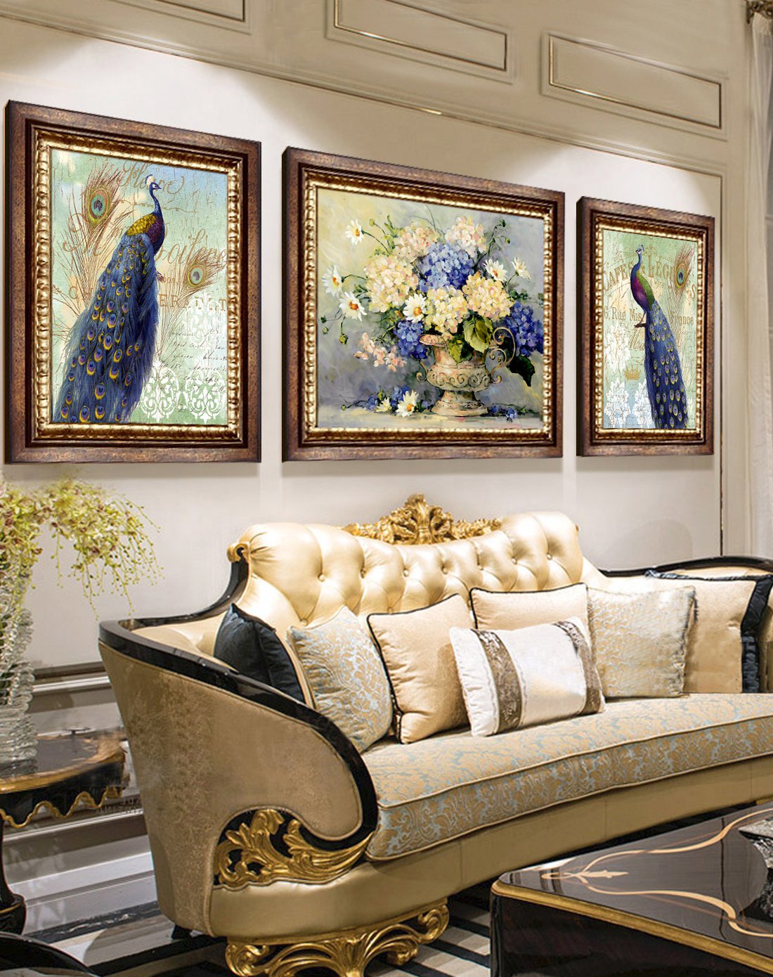 富贵孔雀 欧式玄关壁画沙发背景墙卧室床头挂画三联画客厅装饰画