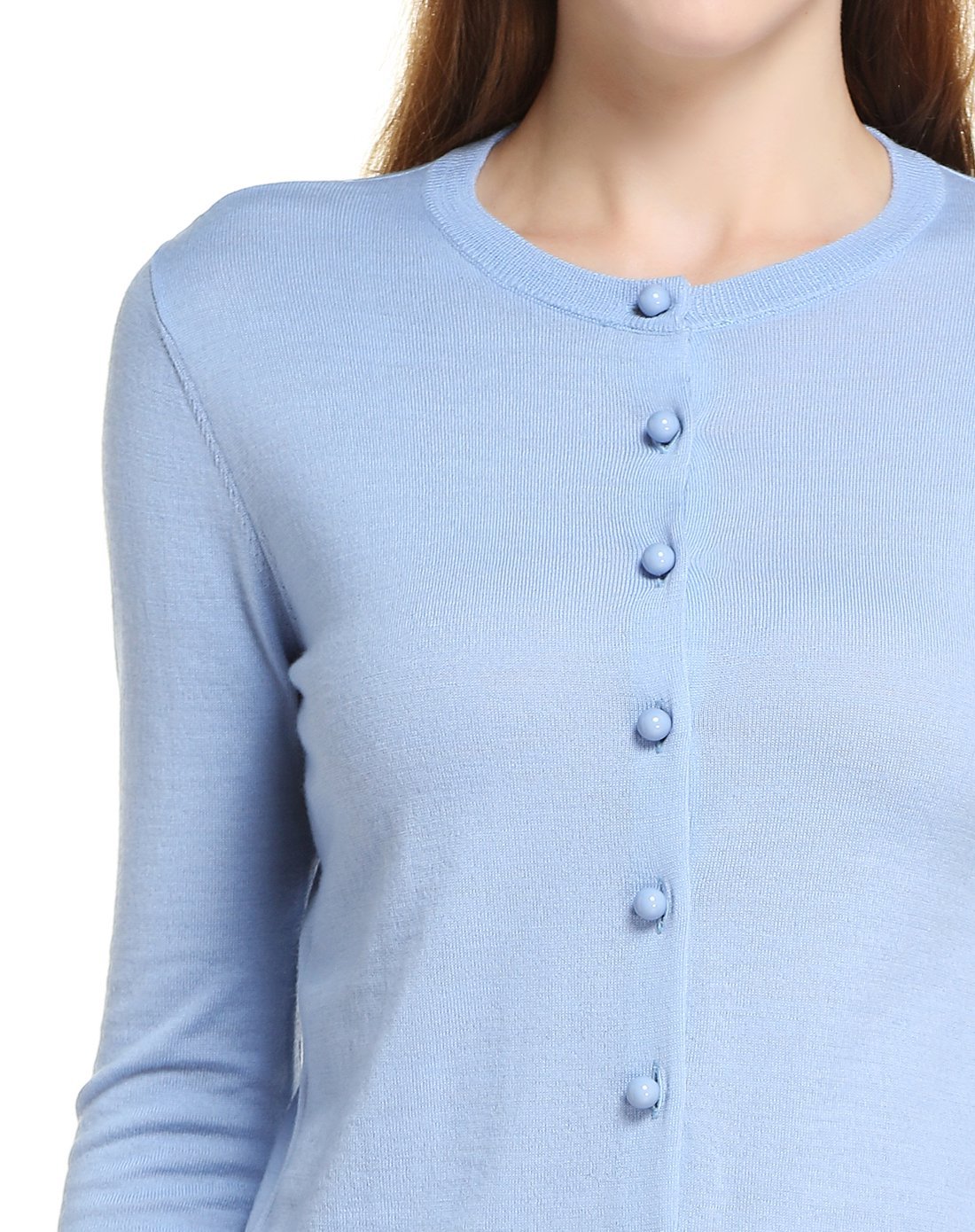 圆领开襟长袖羊毛衫天蓝色