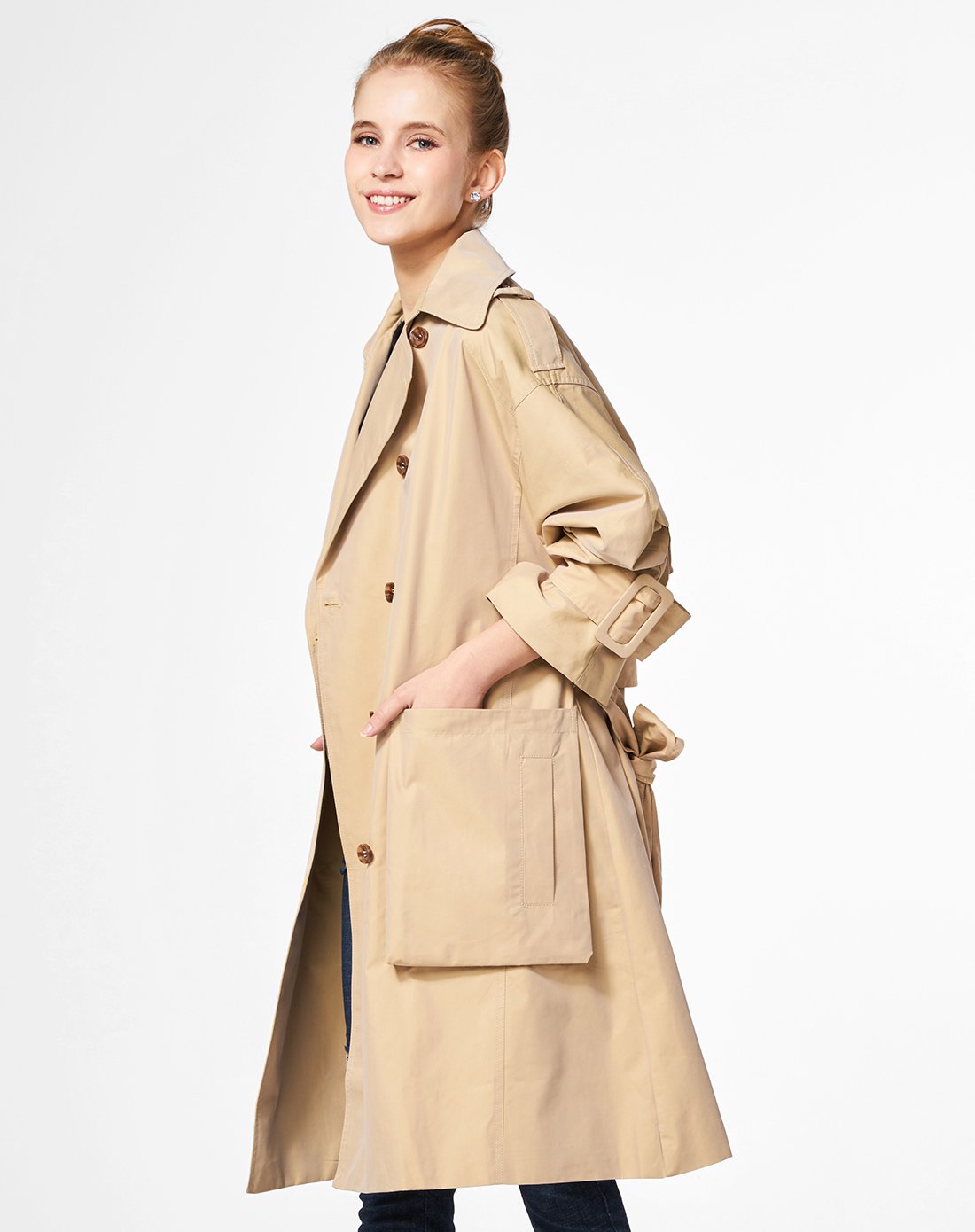 女士大口袋风衣卡其