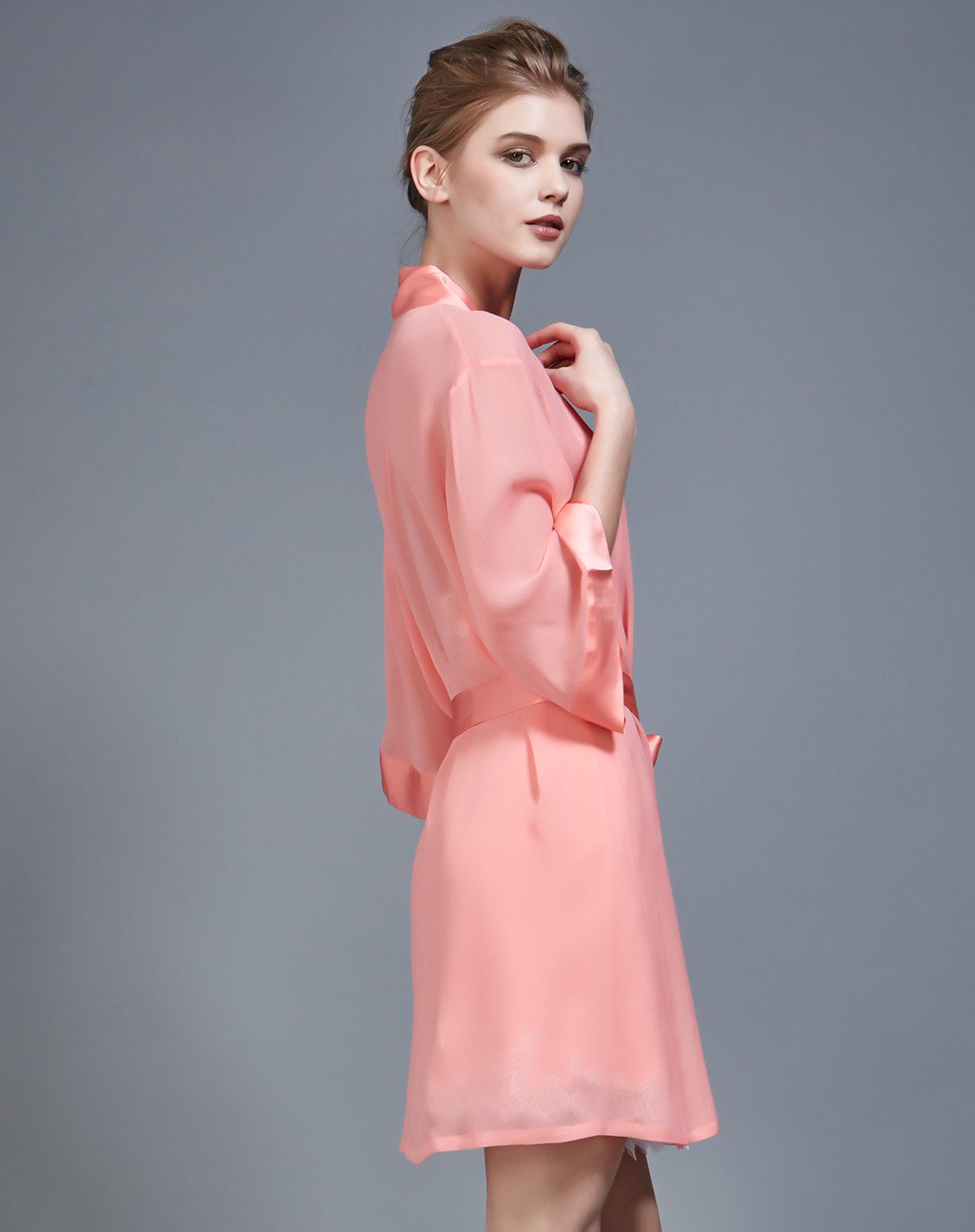 粉橘色高贵乔其真丝中袖睡袍(单件袍)