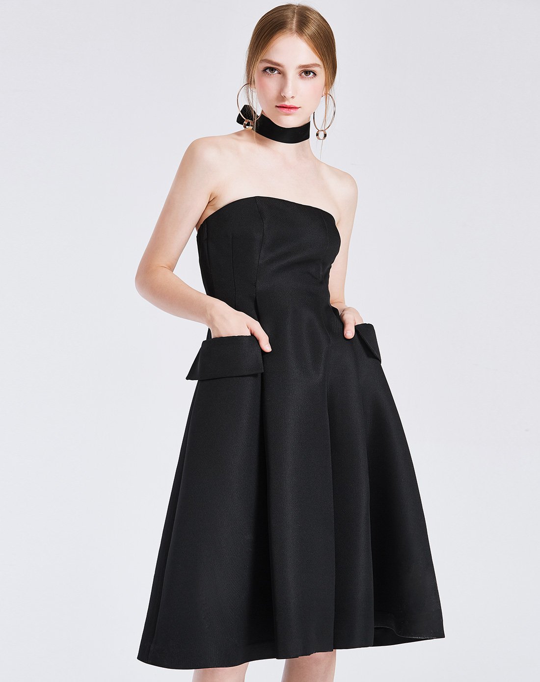 糖力tammy tangs抹胸露肩收腰黑色连衣裙中长款裙子t17cq31436_唯品会