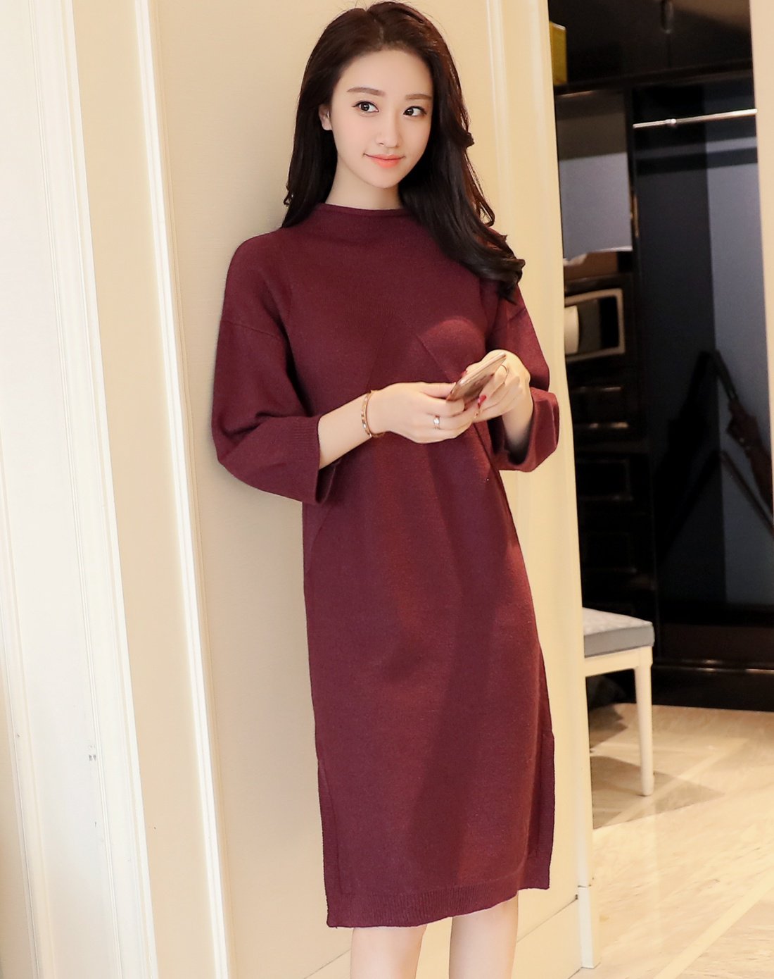 迹忆tracememory女装专场 中长款直筒纯色下摆微叉连衣裙黑色 运费