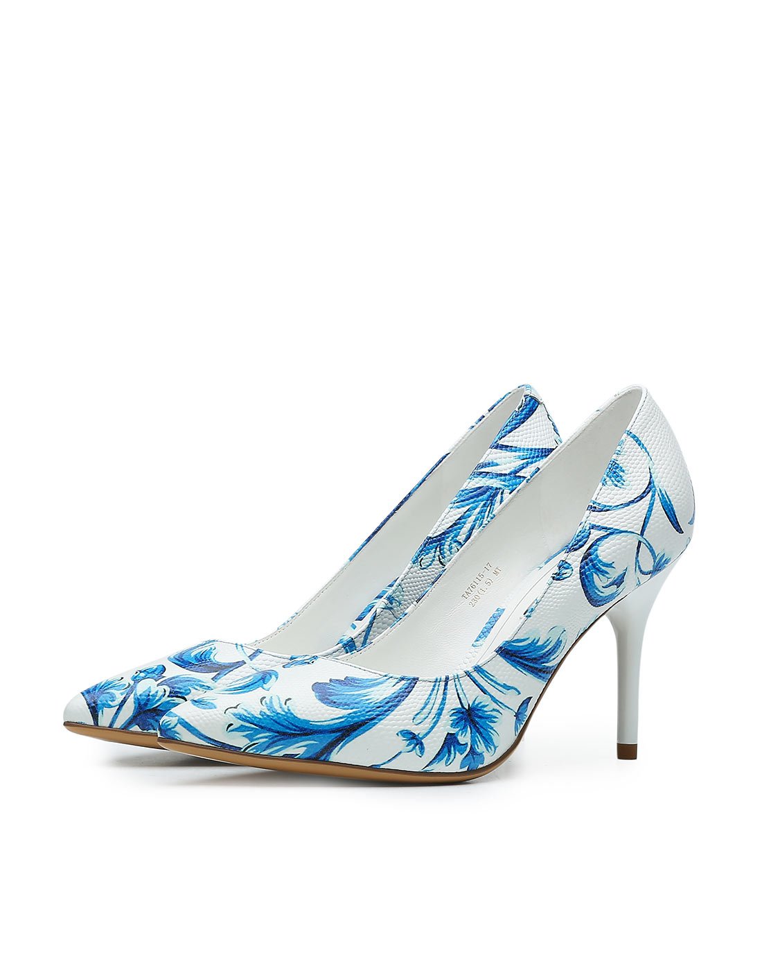 青花瓷印花细高跟尖头浅口单鞋