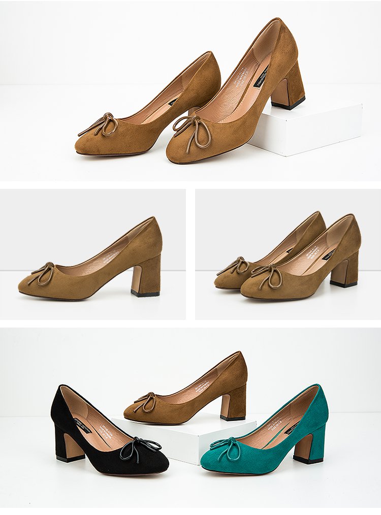 女鞋反绒粗跟鞋蝴蝶结单鞋蓝色