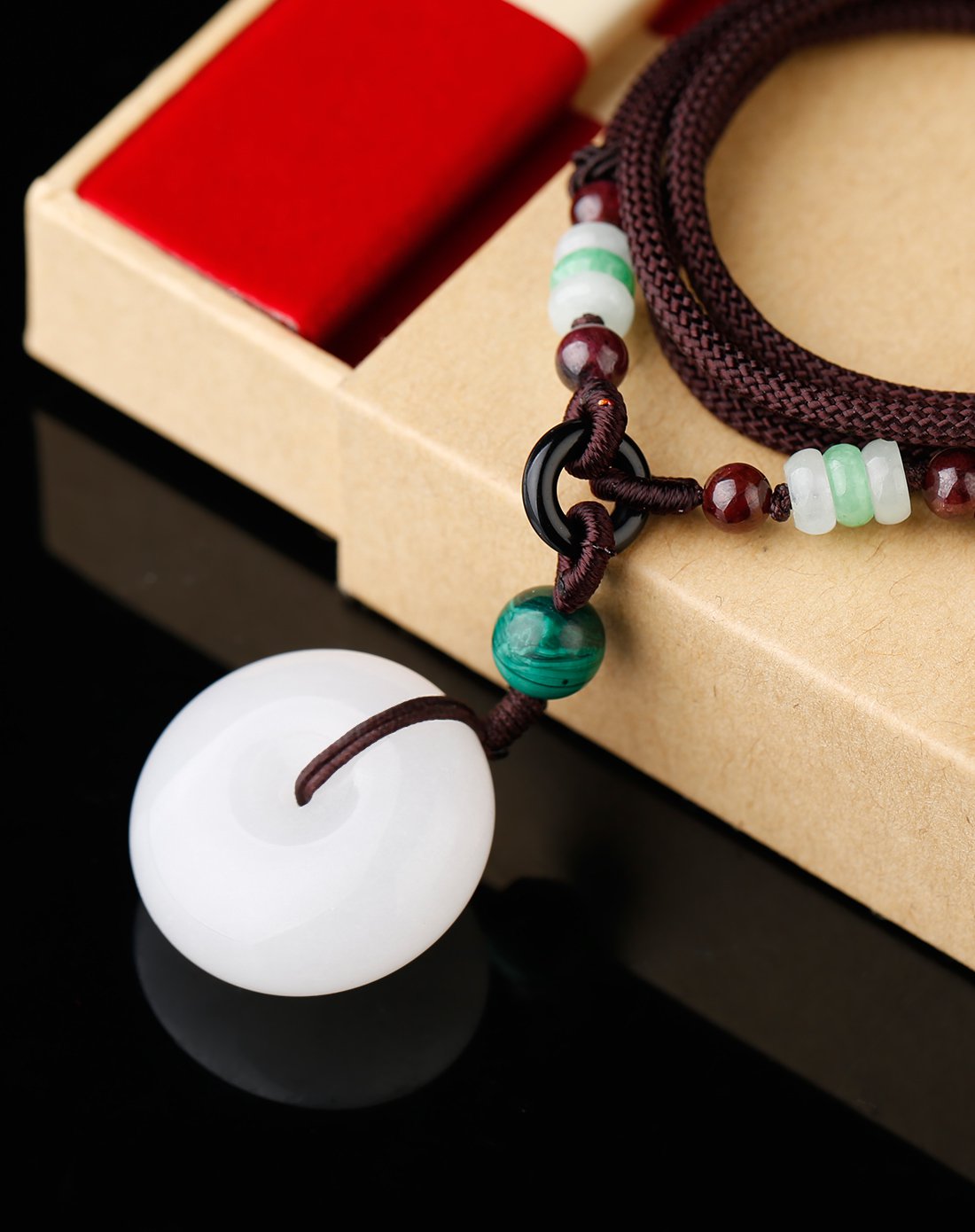 慈元阁 开光昆仑山白玉平安扣吊坠 -孔雀石顶珠款