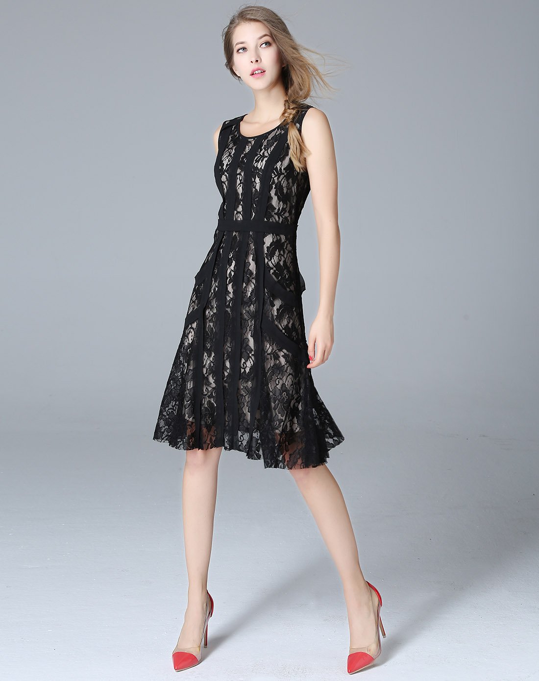 欧力丝olisi女装爆款专场优雅雪纺拼接蕾丝鱼尾裙黑色wl509b495401_唯