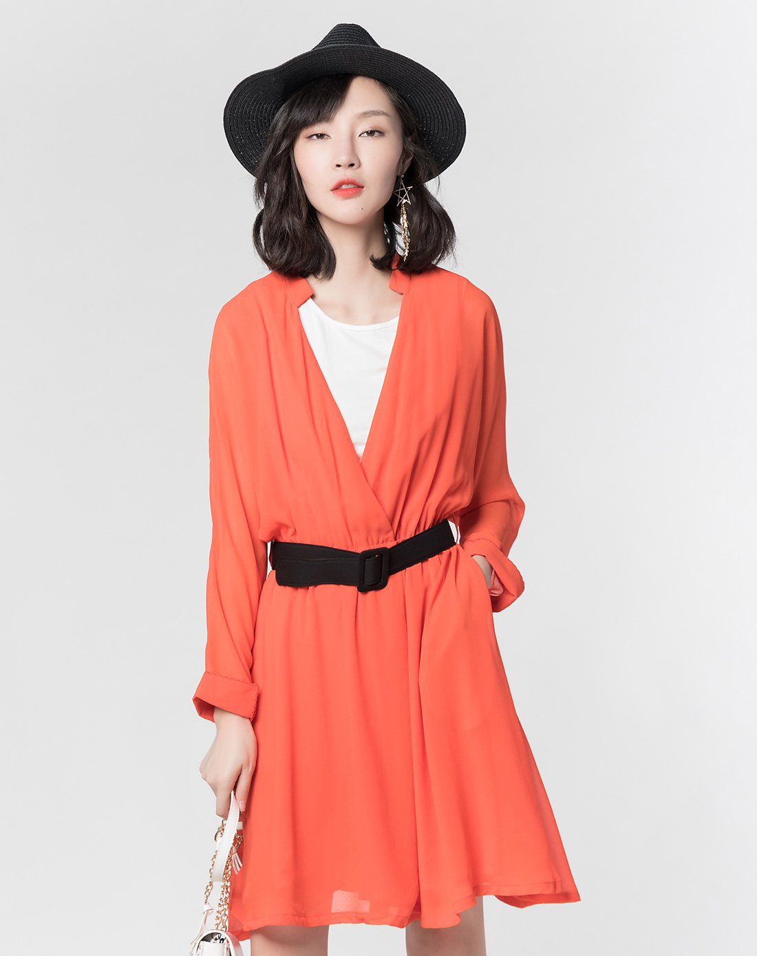 雪纺收腰连衣裙橙红色