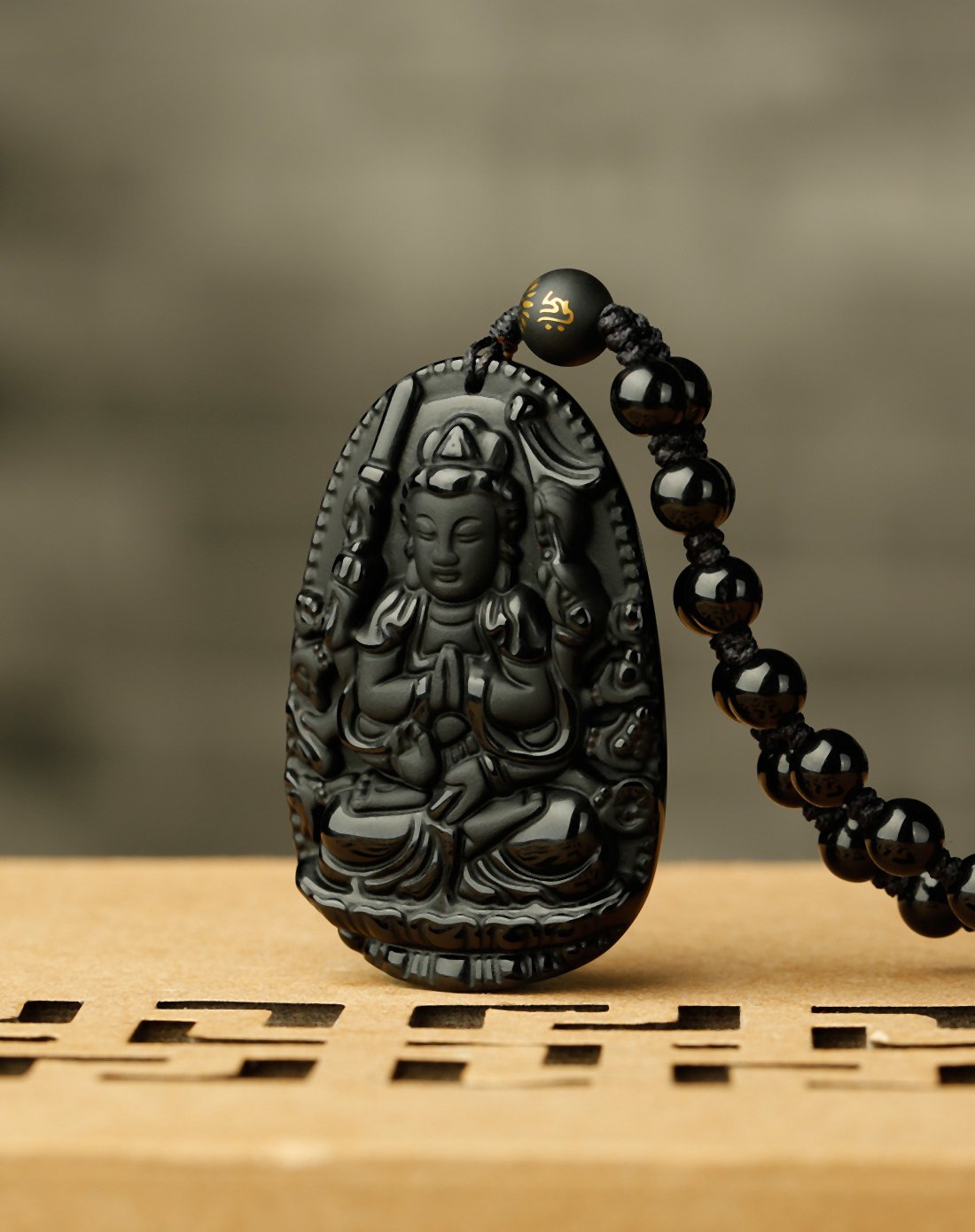 慈元阁 经典款开光黑曜石本命佛吊坠属鼠千手观音