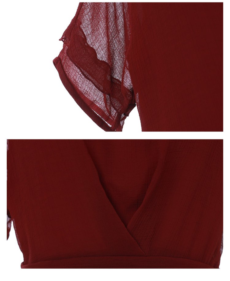 女酒红色圆领收腰时尚雪纺衫