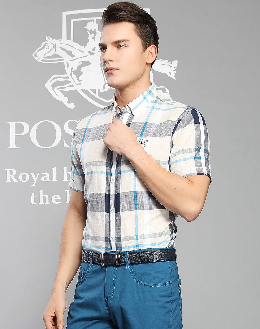 堡马posemer男装夏上新专场全棉舒适素雅大方格纹短袖休闲衬衫8720113