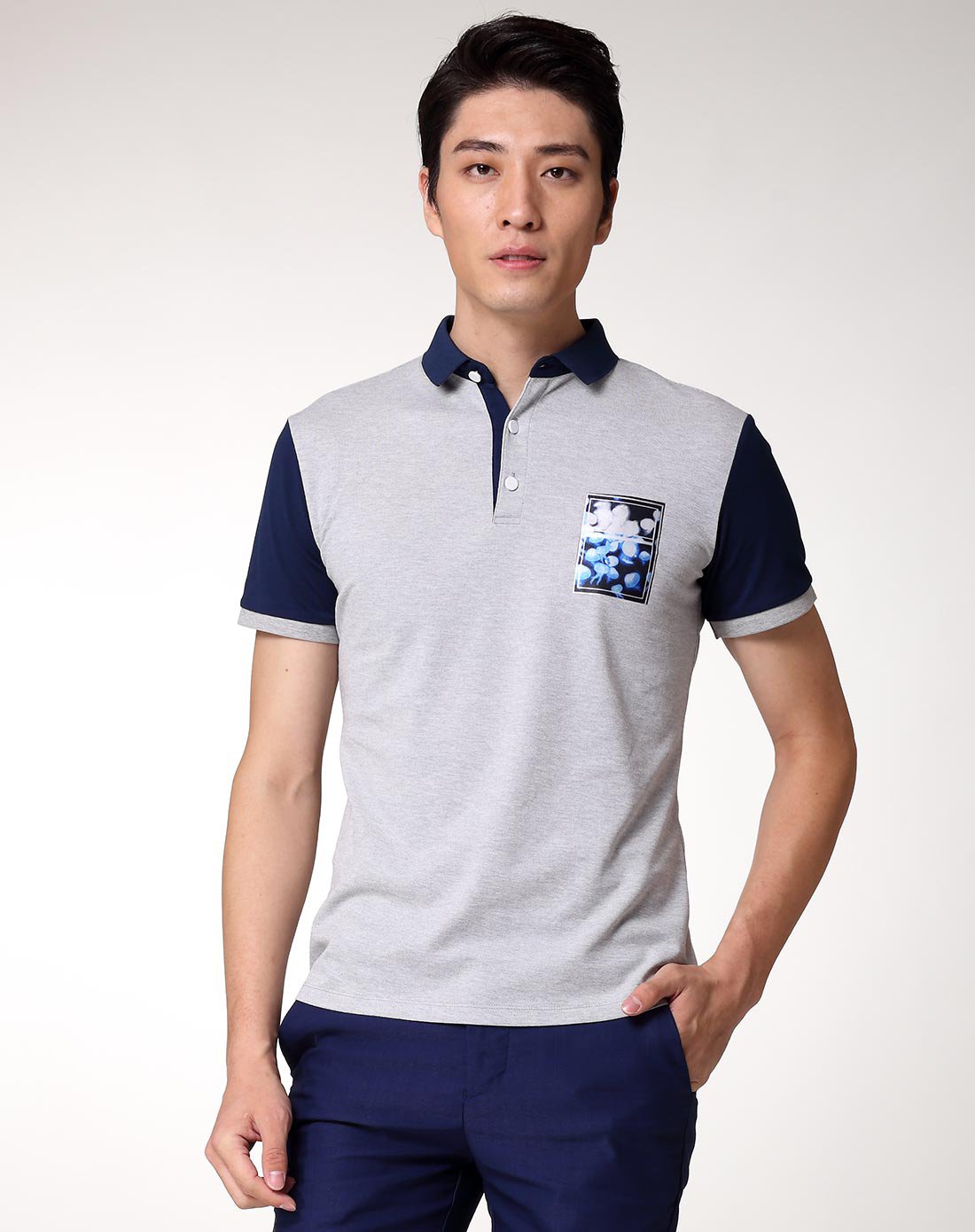 konzen空间拼色印花polo翻领短袖男士t恤