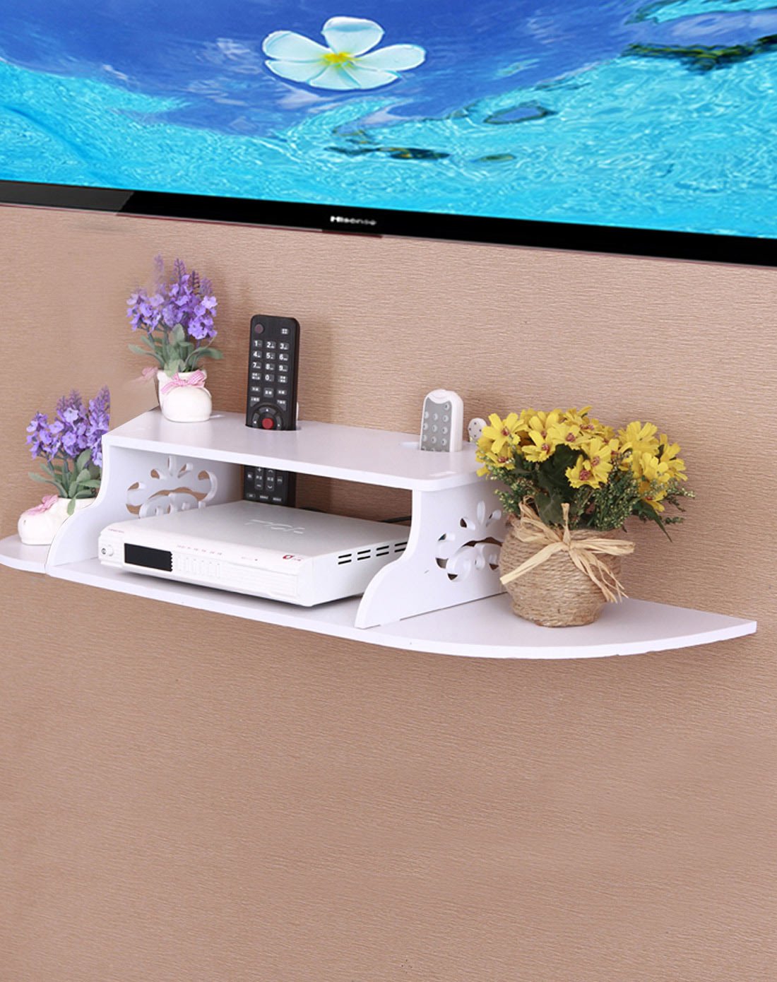 创意电视柜机顶盒路由器收纳盒装饰壁挂 小号弧形两层白色