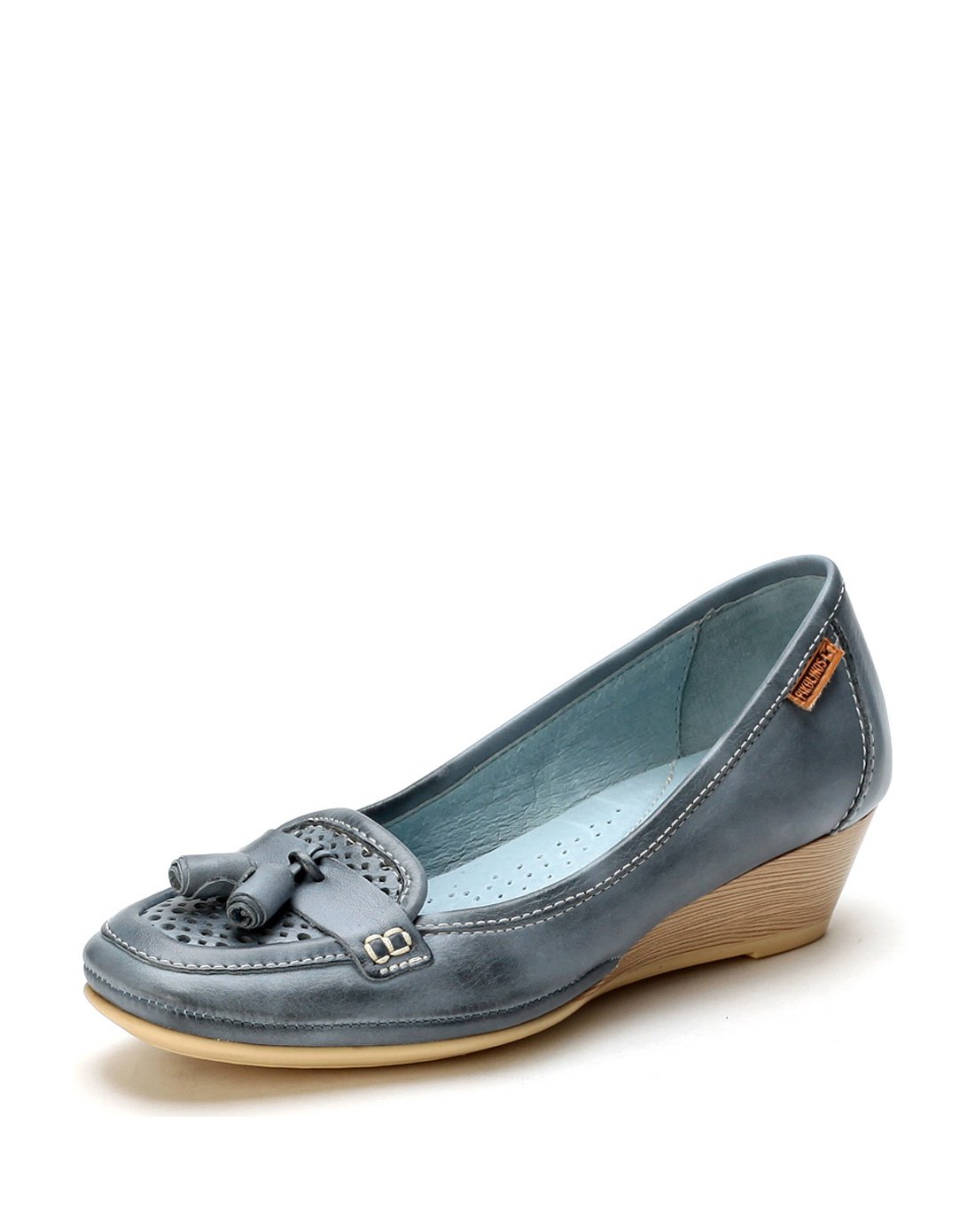 派高雁田园头层牛皮圆头镂空坡跟单鞋