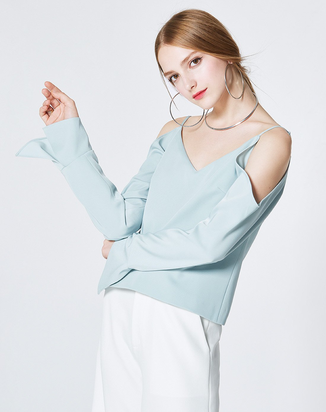 吊带长袖v领上衣宽松短款t海蓝
