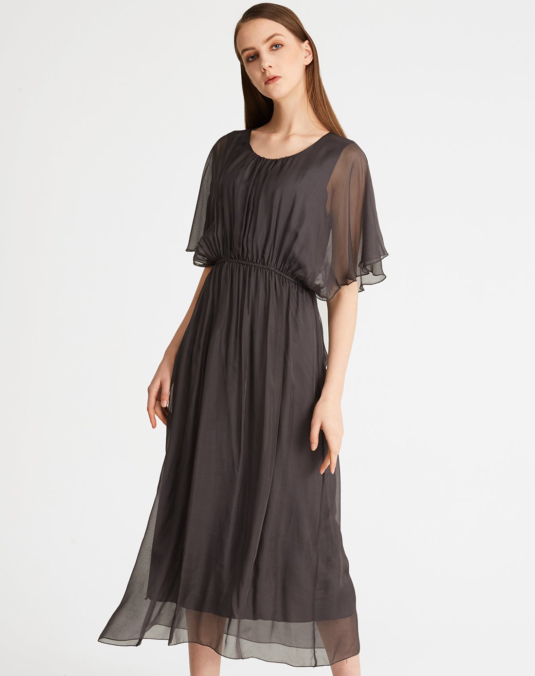 收腰连衣裙灰色