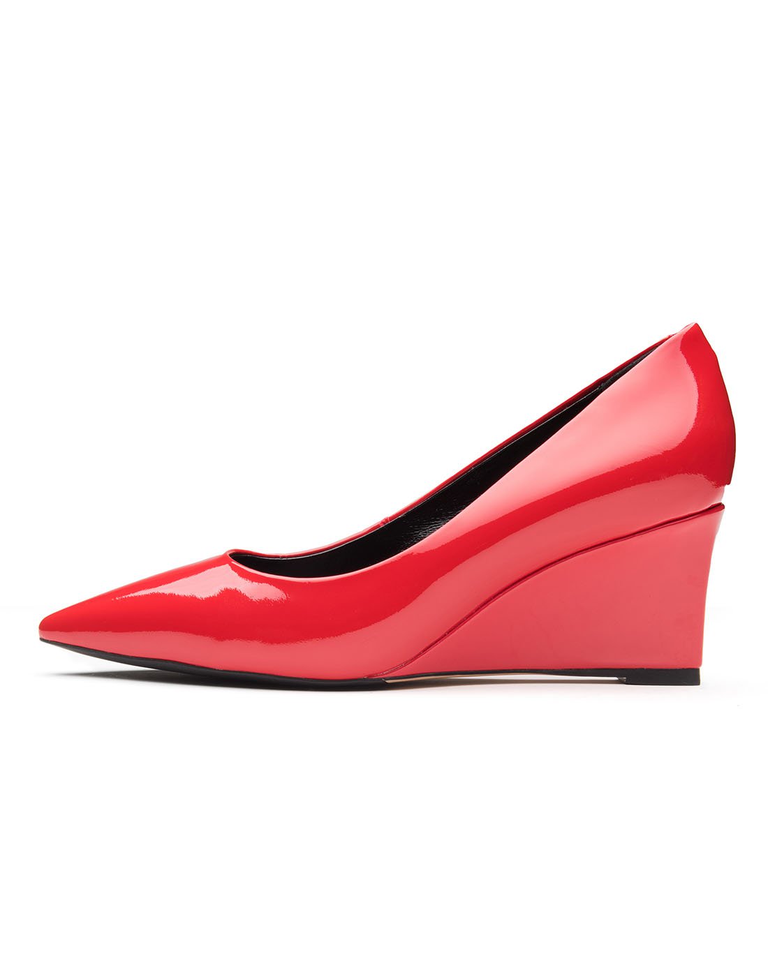 2017年春季时尚简约尖头牛皮高跟坡跟鞋红色