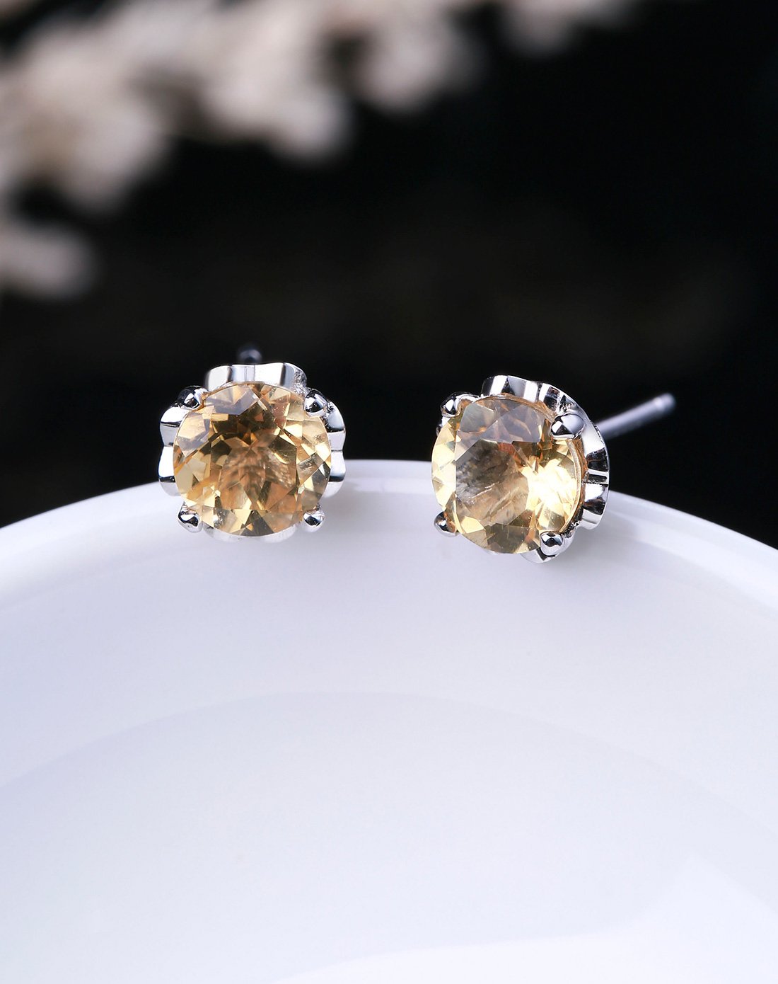 925银黄水晶四爪耳钉个性简约百搭耳环耳饰品 送女生女友妈妈生日礼物