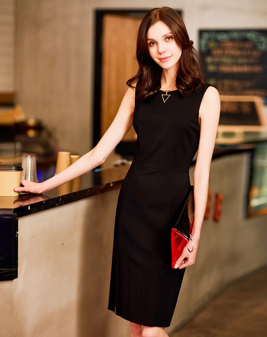 简约无袖侧开叉中长裙修身连衣裙背心裙黑色