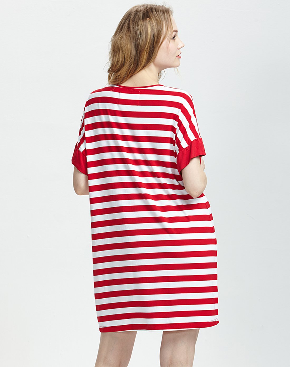 女士时尚家居裙红白条