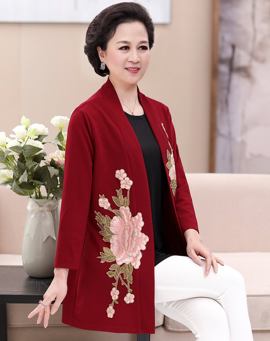 贵恋中老年女装妈妈装绣花开衫两件套(外套 内搭)