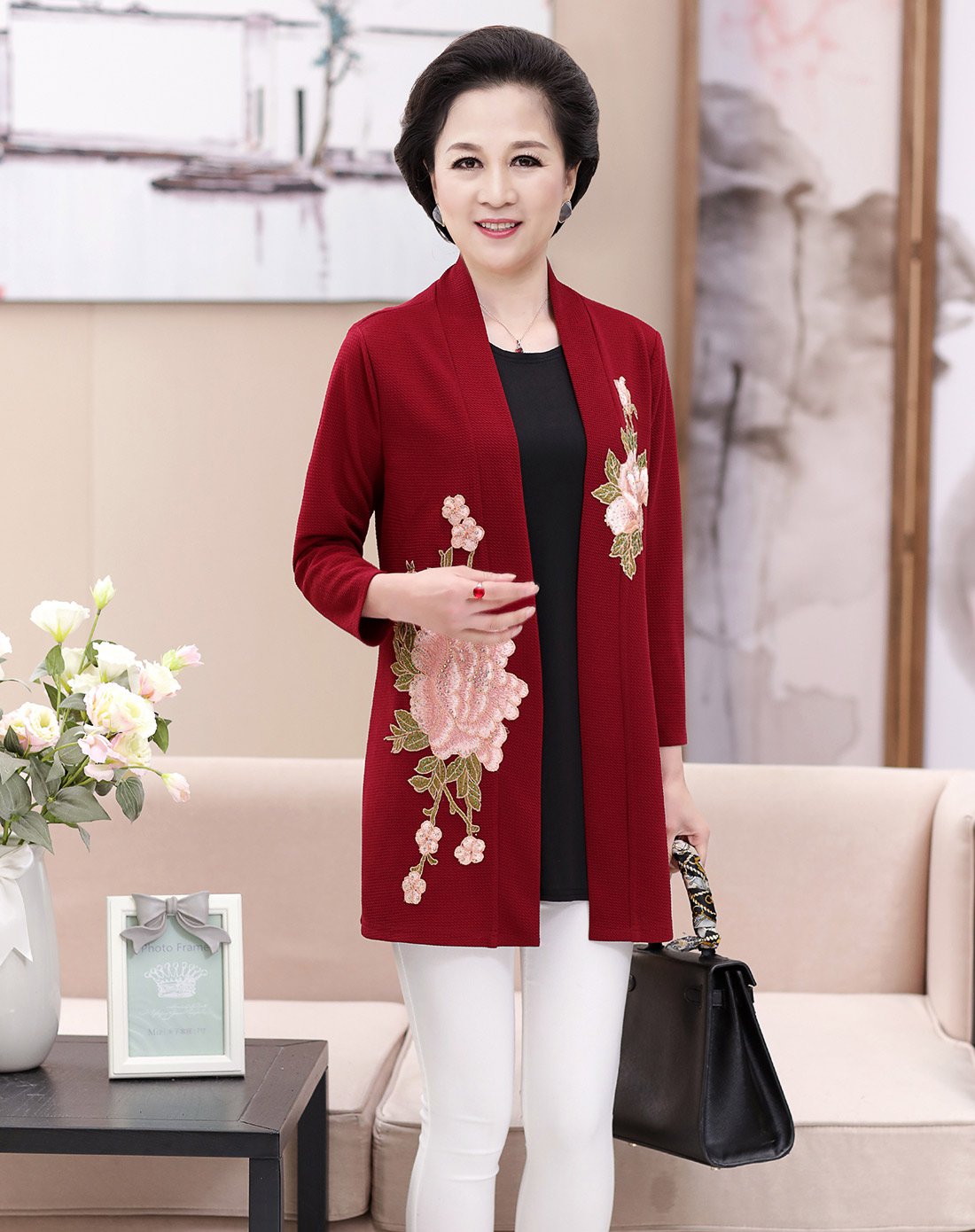 贵恋中老年女装妈妈装绣花开衫两件套(外套 内搭)